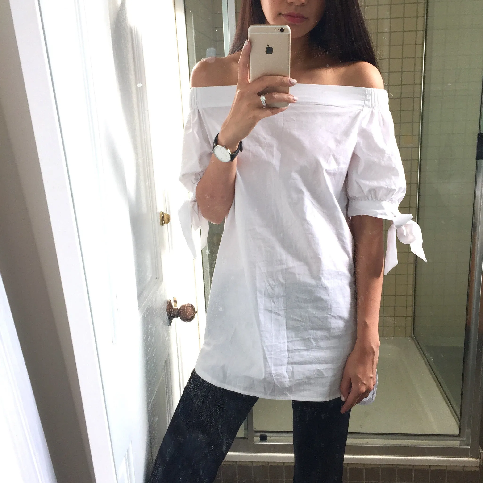Novelia Tie Sleeve Off-Shoulder Shirt - White